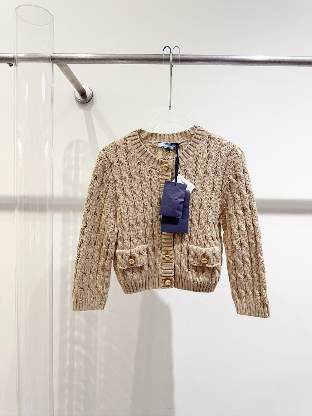 Prada Beige Cable-Knit Button Front Cardigan
